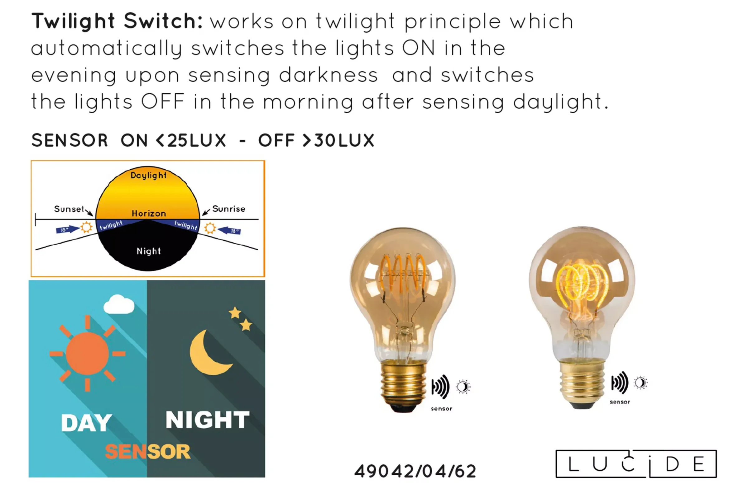 A60 TWILIGHT SENSOR - Filament lamp - Ø 6 cm - LED - E27 - 1x4W 2200K - Dag/nacht sensor - Amber*Lucide Sale