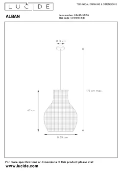 ALBAN - Hanglamp - Ø 35 cm - 1xE27 - Zwart*Lucide Store