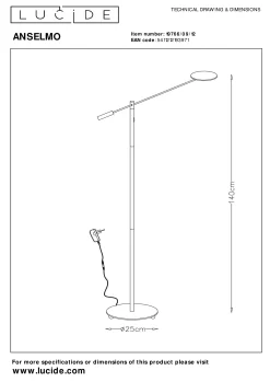 ANSELMO - Leeslamp - Ø 25 cm - LED Dimb. - 1x9W 3000K - Mat chroom*Lucide Fashion