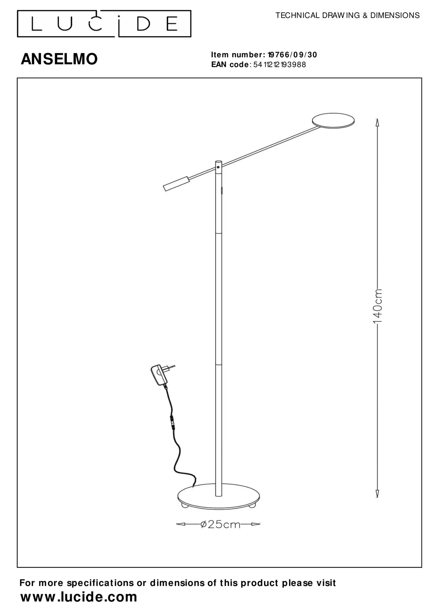 ANSELMO - Leeslamp - Ø 25 cm - LED Dimb. - 1x9W 3000K - Zwart*Lucide Hot