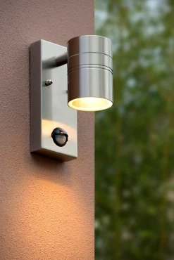 ARNE-LED IR - Wandspot / Wandlamp Binnen/Buiten - Ø 6,3 cm - LED - GU10 - 1x5W 2700K - IP44 - Beweging & dag/nacht sensor - Mat chroom*Lucide Sale
