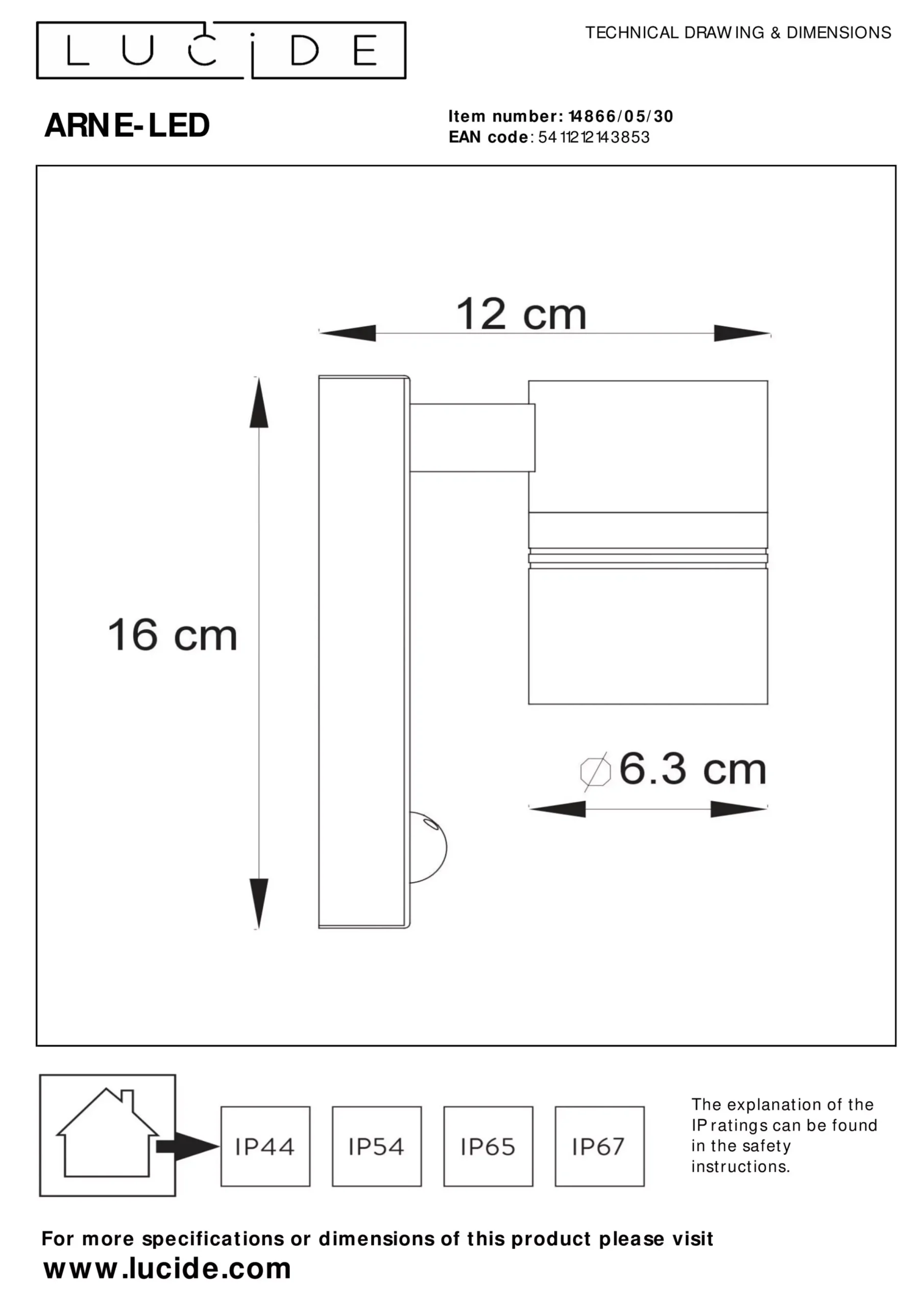 ARNE-LED IR - Wandspot / Wandlamp Binnen/Buiten - Ø 6,3 cm - LED - GU10 - 1x5W 2700K - IP44 - Beweging & dag/nacht sensor - Zwart*Lucide Online