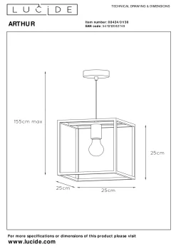 ARTHUR - Hanglamp - 1xE27 - Zwart*Lucide Clearance