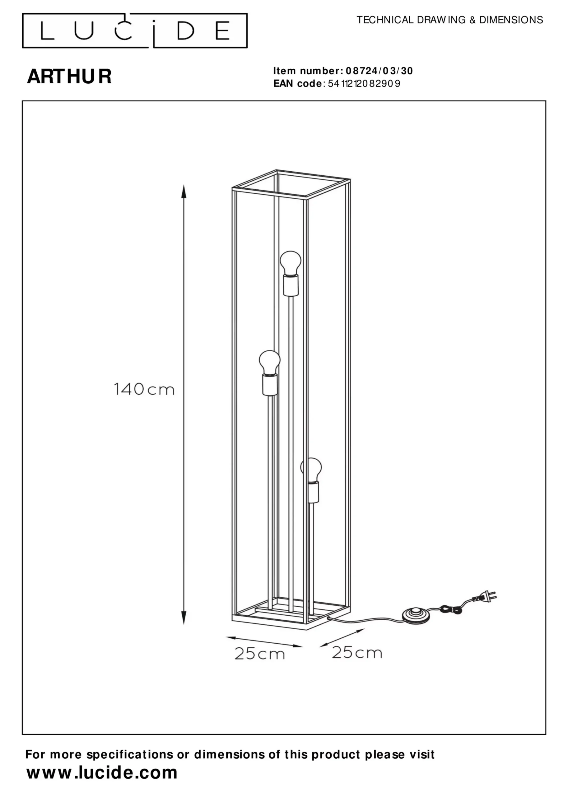 ARTHUR - Vloerlamp - 3xE27 - Zwart*Lucide Hot