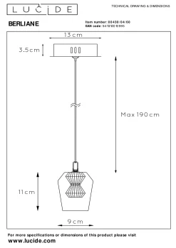 BERLIANE - Hanglamp - Ø 12 cm - LED Dimb. - 1x4W 2700K - Transparant*Lucide Clearance