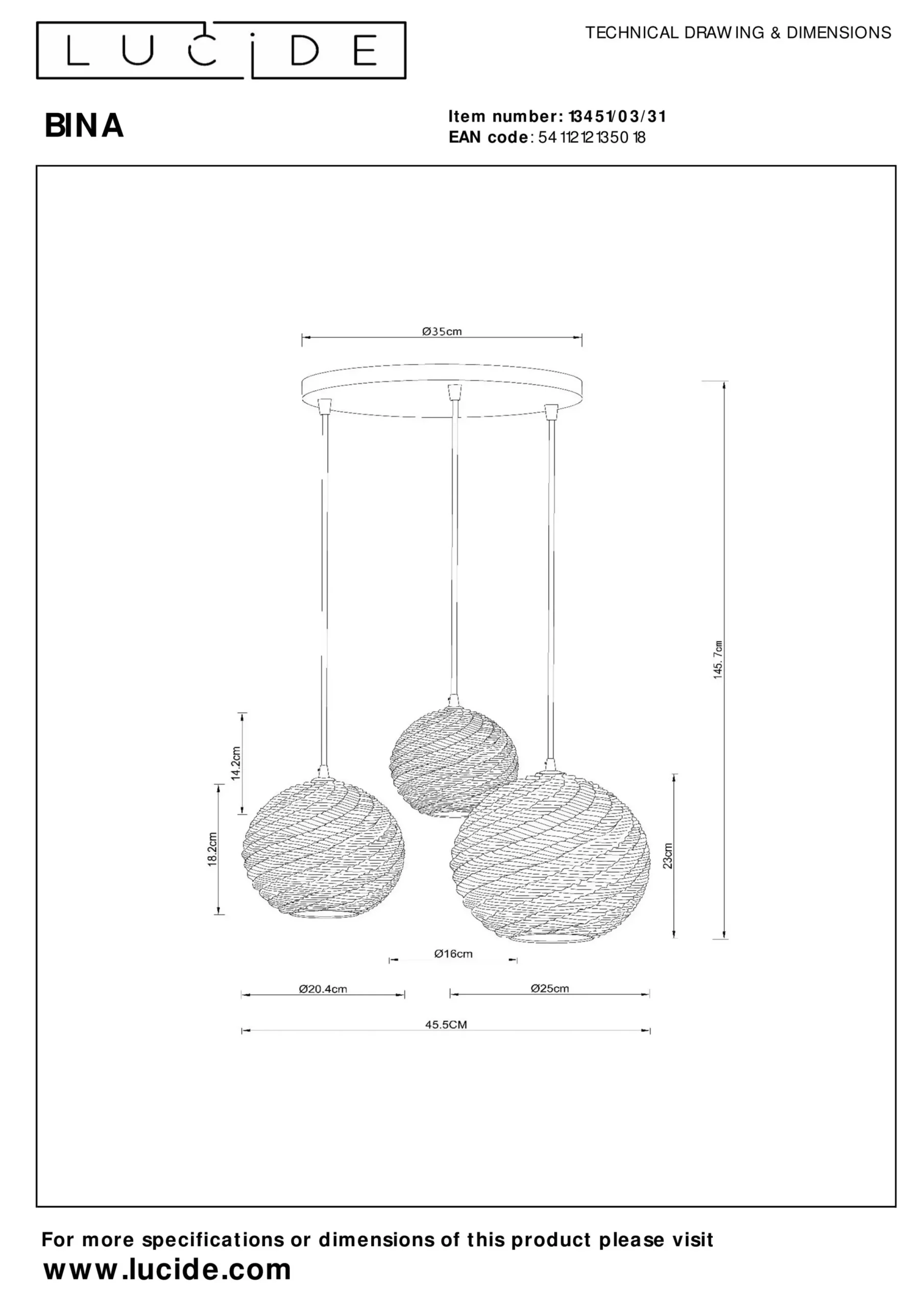 BINA - Hanglamp - Ø 40 cm - 3xE27 - Wit*Lucide Cheap