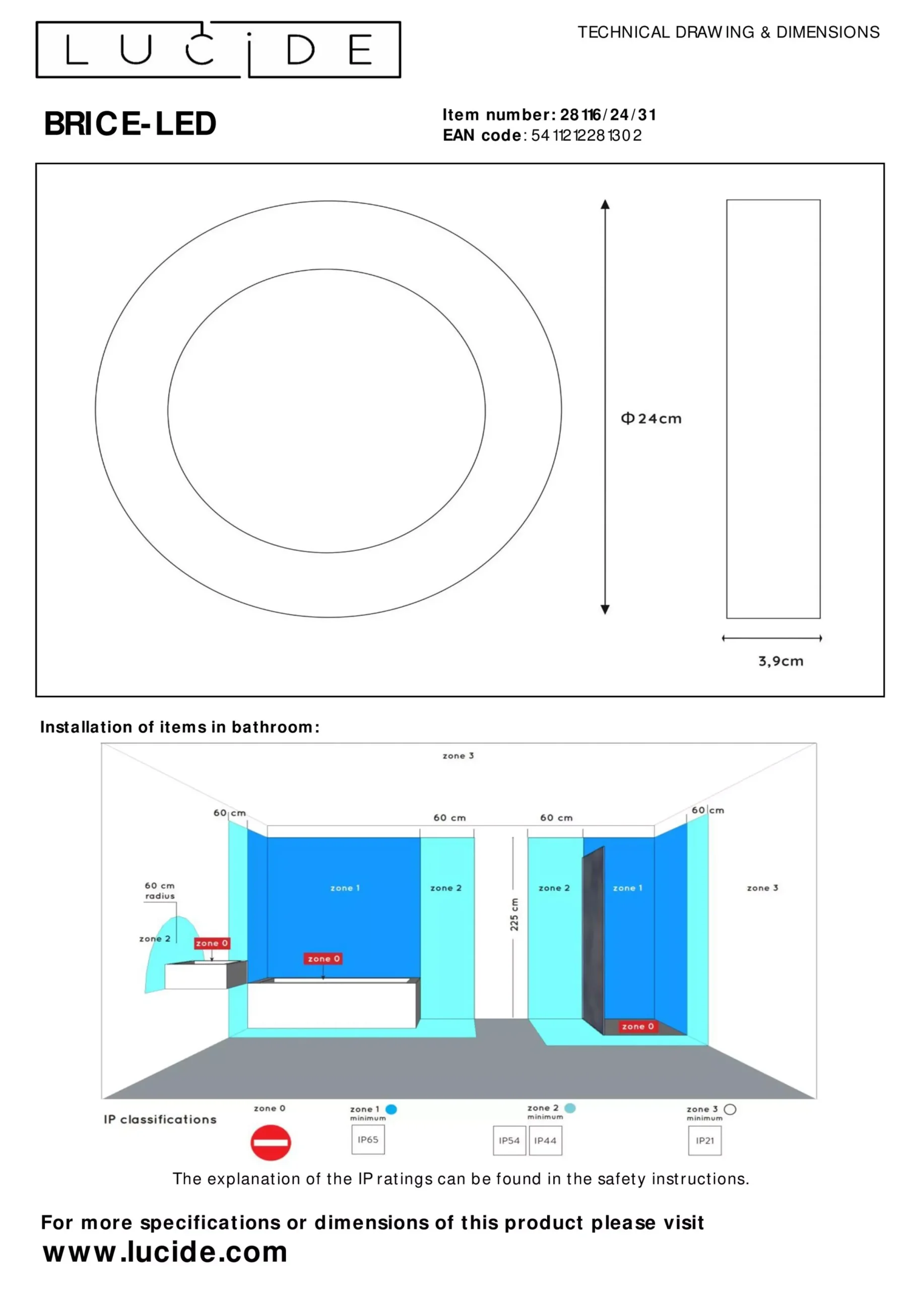 BRICE-LED - Plafonnière Badkamer - Ø 24 cm - LED Dimb. - 1x15W 3000K - IP44 - Wit*Lucide Shop