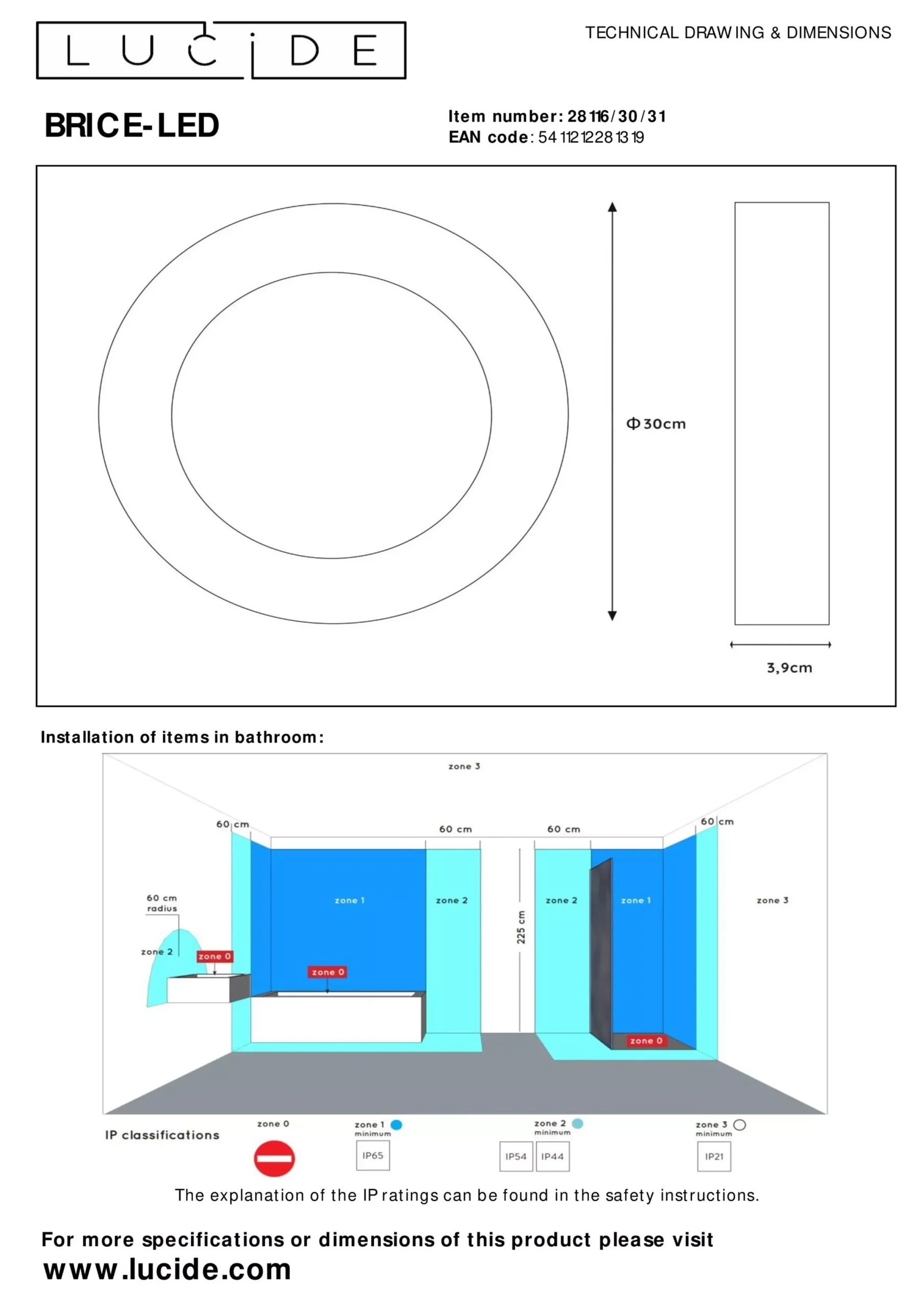 BRICE-LED - Plafonnière Badkamer - Ø 30 cm - LED Dimb. - 1x30W 3000K - IP44 - Wit*Lucide Outlet