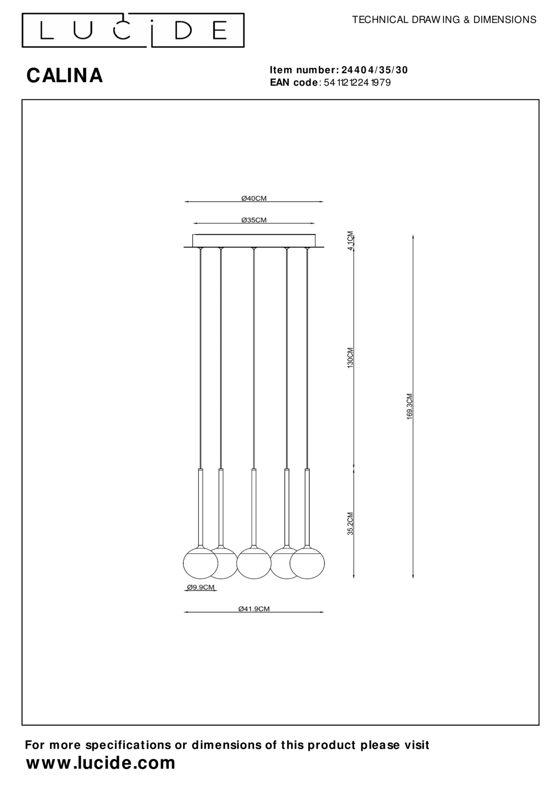 CALINA - Hanglamp - Ø 42 cm - LED Dimb. - 5x8,2W 2700K - Zwart*Lucide Clearance