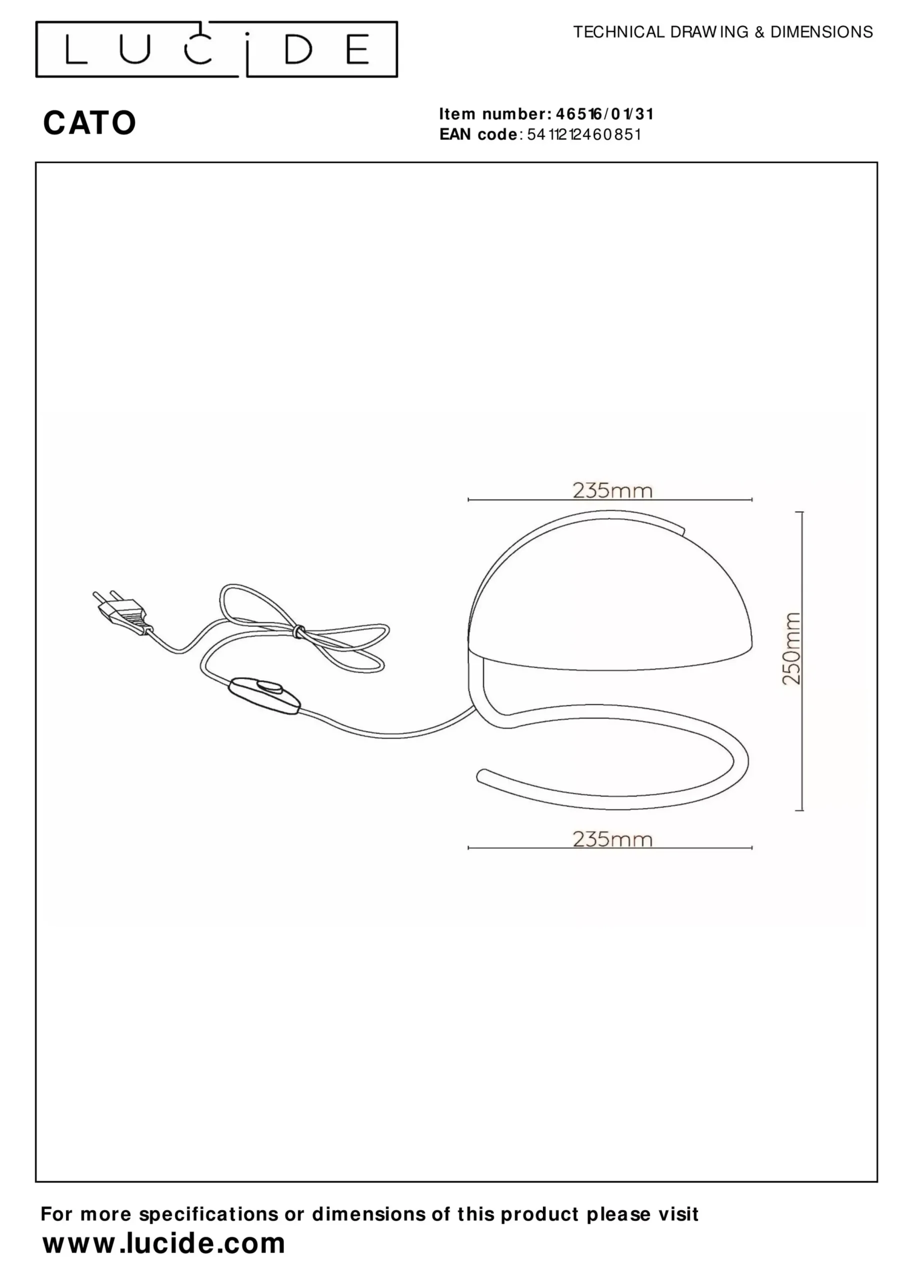 CATO - Tafellamp - Ø 23,5 cm - 1xE27 - Wit*Lucide Cheap