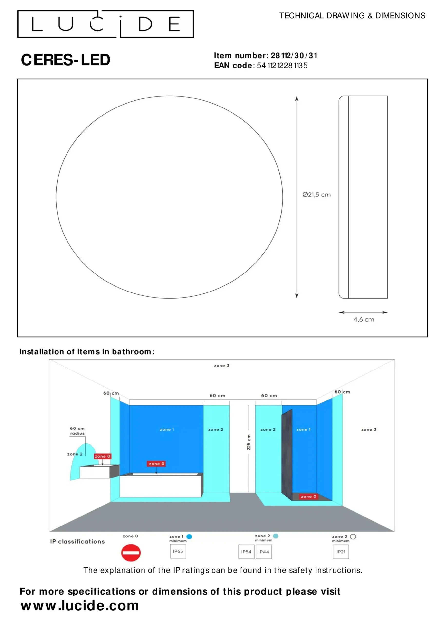 CERES-LED - Plafonnière Badkamer - Ø 21,5 cm - LED Dimb. - 1x30W 3000K - IP44 - Wit*Lucide Hot