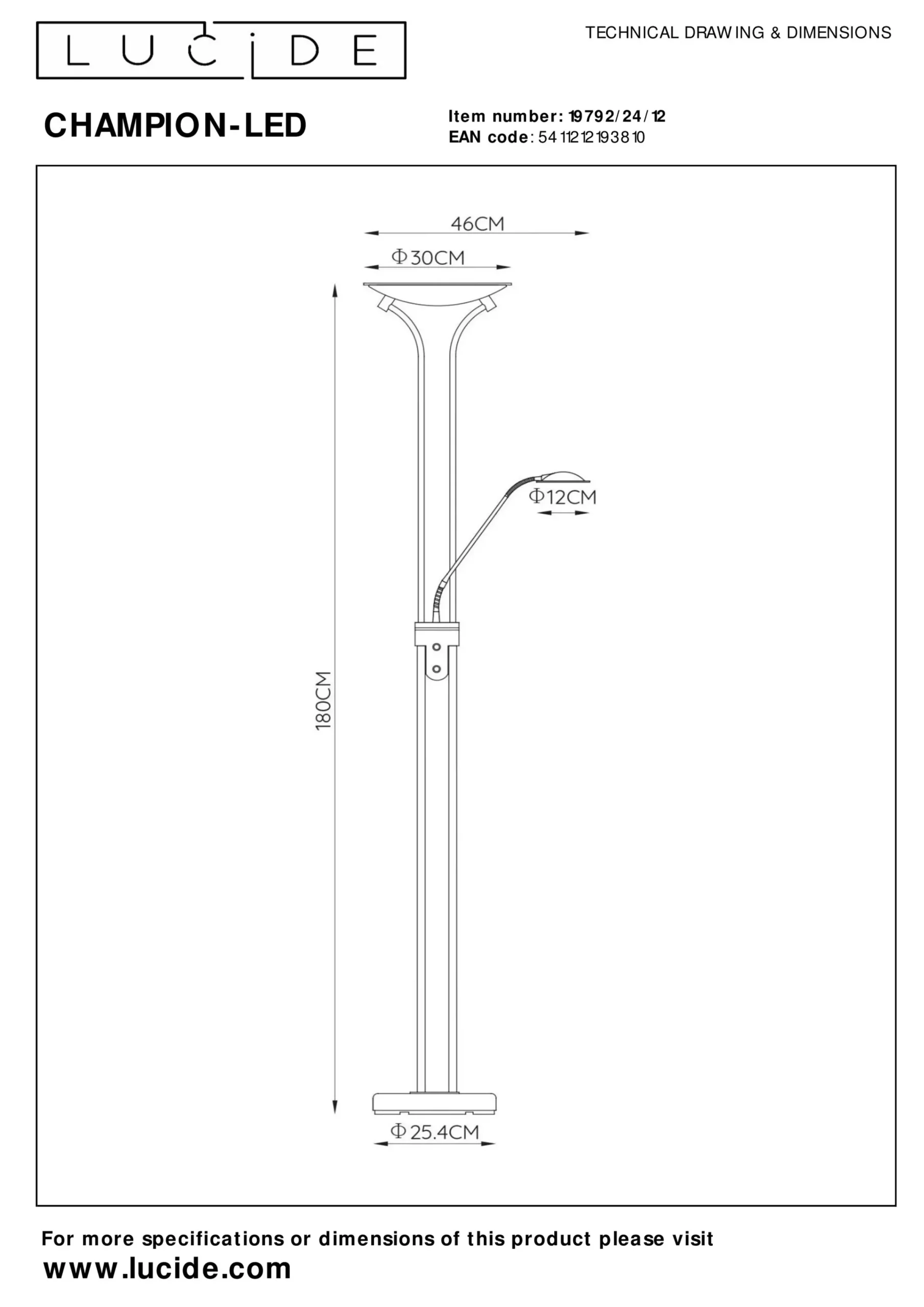 CHAMPION-LED - Leeslamp - Ø 30 cm - LED Dimb. - 3000K - Mat chroom*Lucide Cheap
