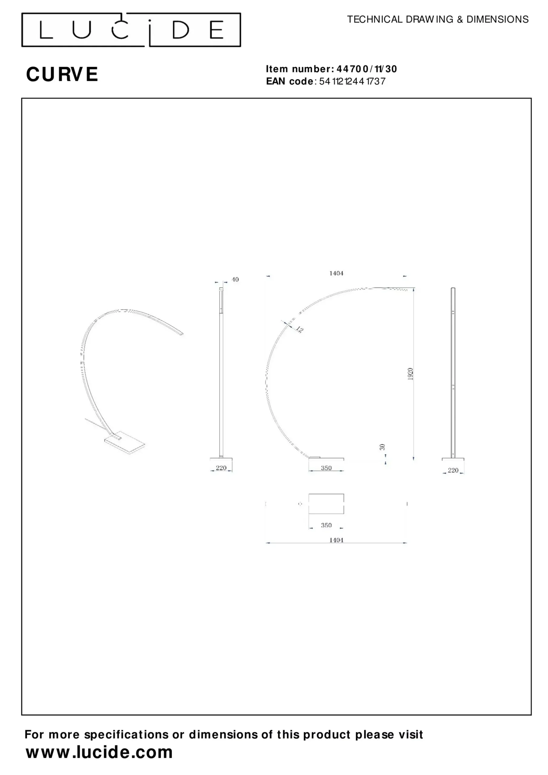 CURVE - Booglamp - LED Dimb. - 1x15W 2700K - Zwart*Lucide Outlet