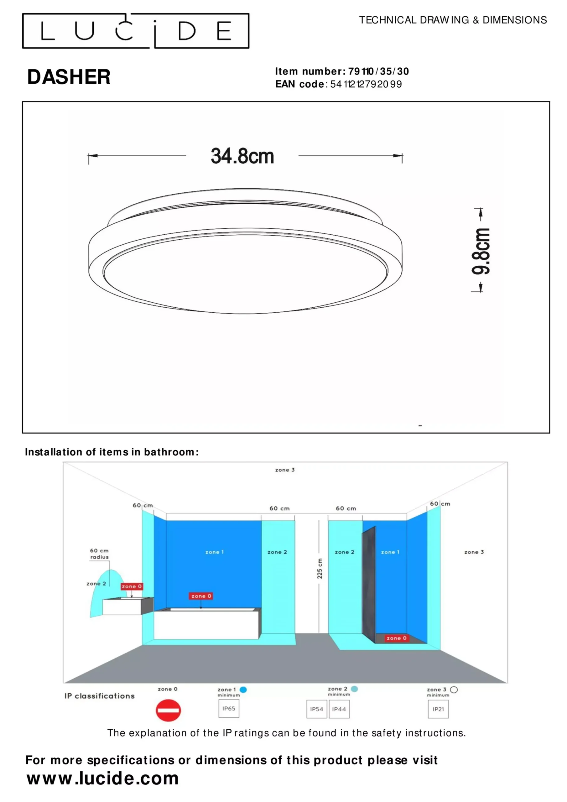 DASHER - Plafonnière Badkamer - Ø 34,8 cm - LED - 1x18W 2700K - IP44 - Beweging & dag/nacht sensor - Zwart*Lucide Store