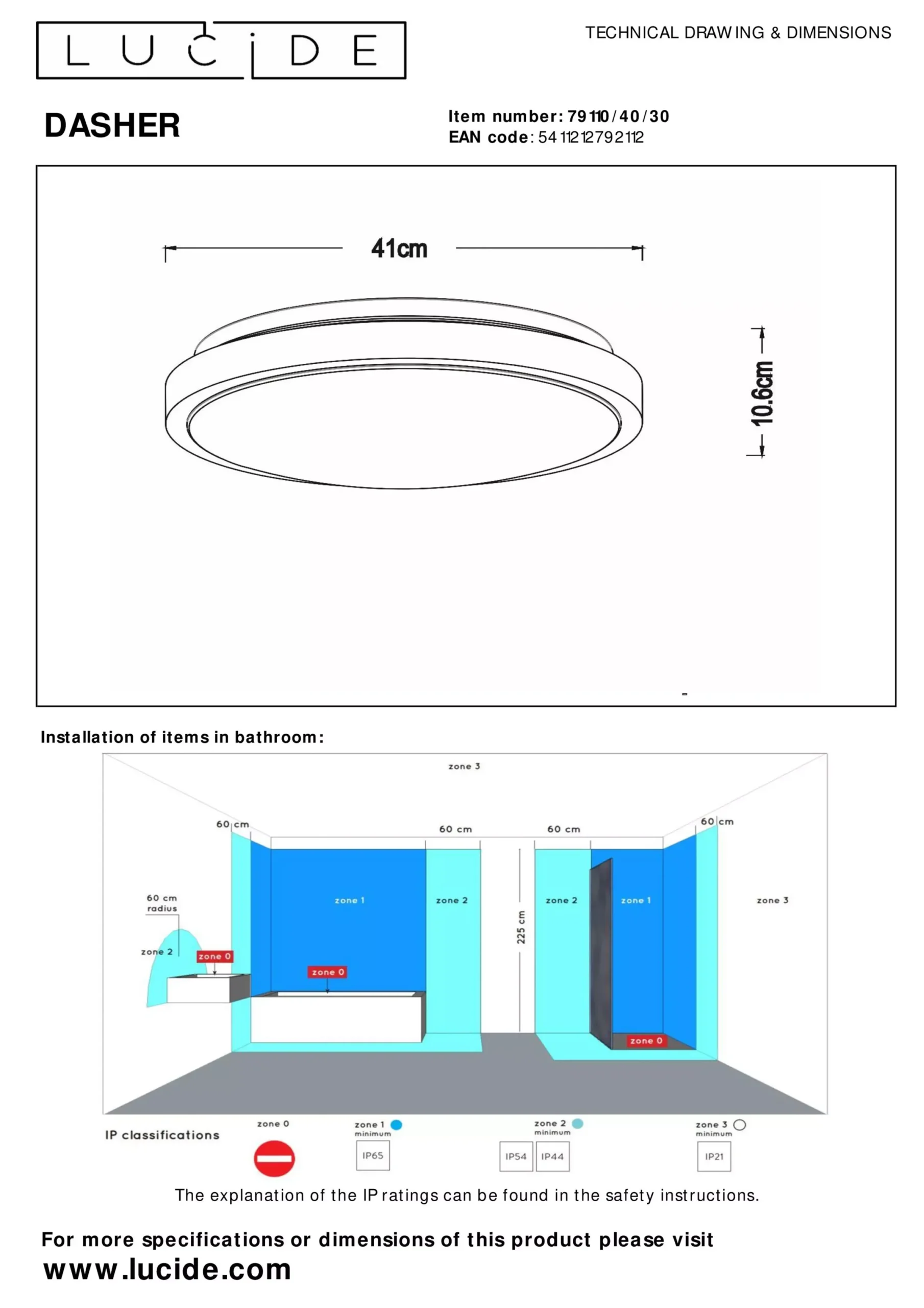 DASHER - Plafonnière Badkamer - Ø 41 cm - LED - 1x24W 2700K - IP44 - Beweging & dag/nacht sensor - Zwart*Lucide Discount