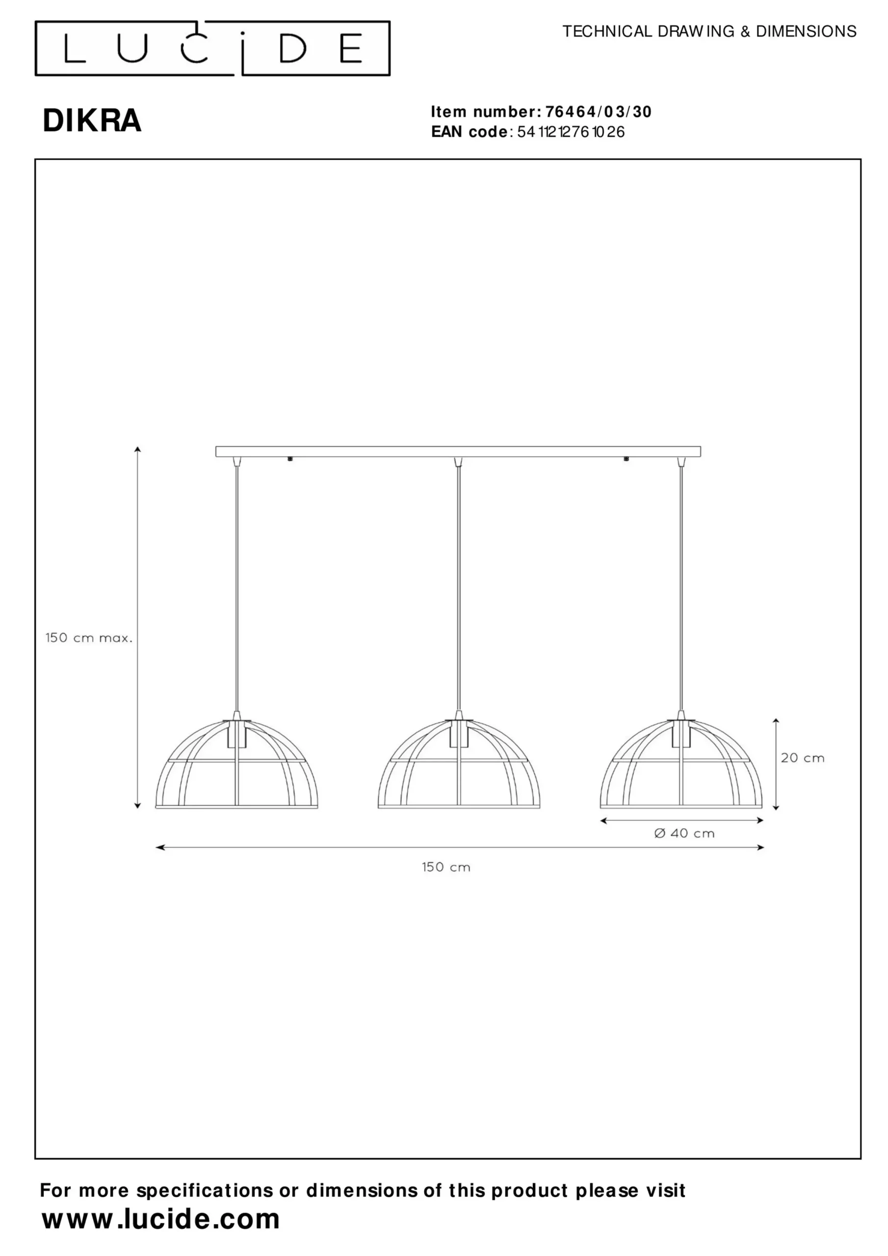 DIKRA - Hanglamp - Ø 40 cm - 3xE27 - Zwart*Lucide New