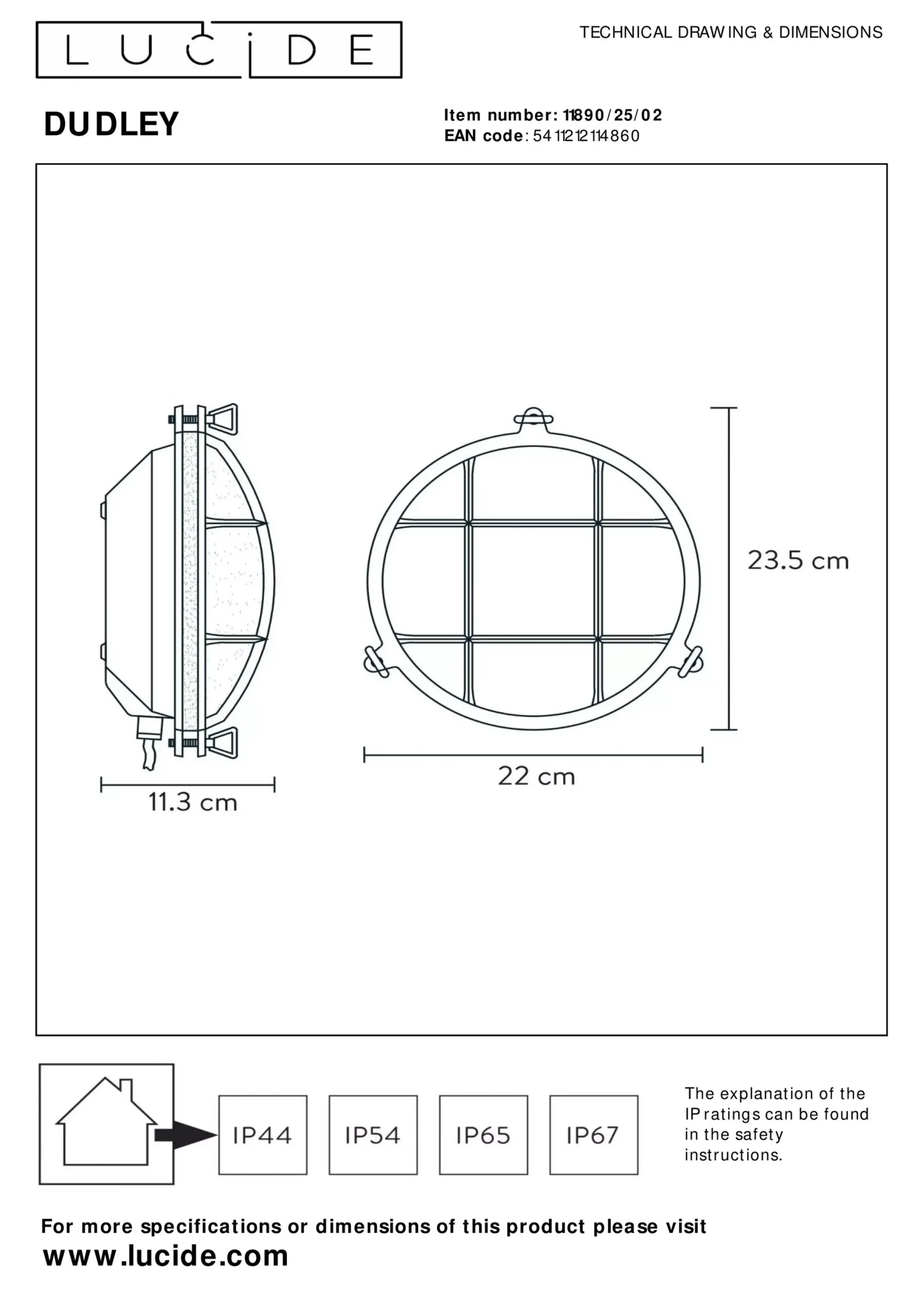 DUDLEY - Wandlamp Binnen/Buiten - Ø 22 cm - 1xE27 - IP65 - Mat Goud / Messing*Lucide Online