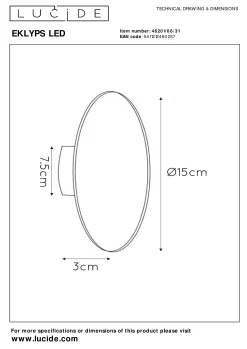 EKLYPS LED - Wandlamp - Ø 15 cm - LED - 1x7W 3000K - Wit*Lucide Sale