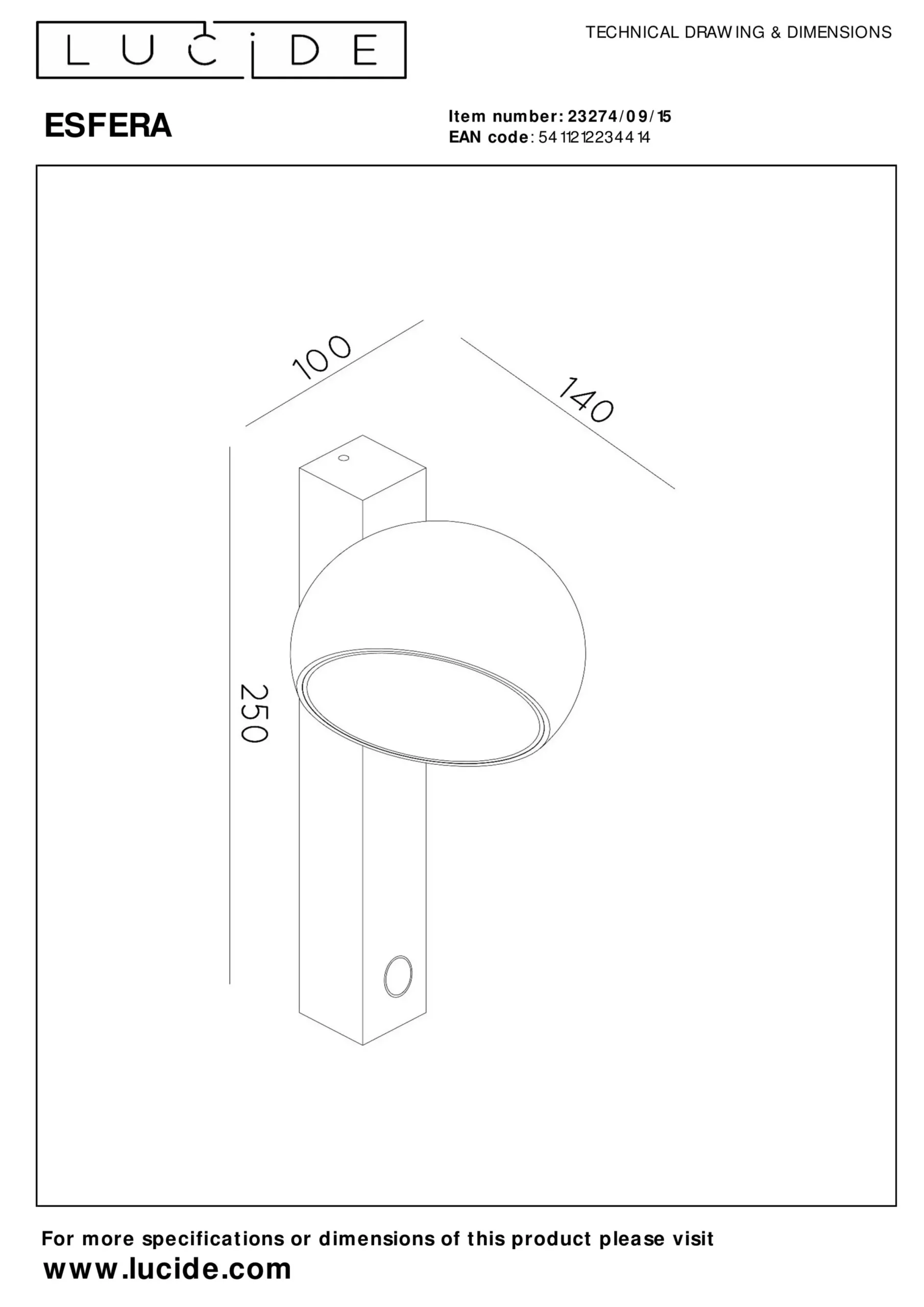 ESFERA - Wandlamp - LED Dimb. - 1x9W 2700K - Grijs ijzer*Lucide Store