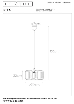 ETTA - Hanglamp - Ø 39 cm - 1xE27 - Licht hout*Lucide Clearance