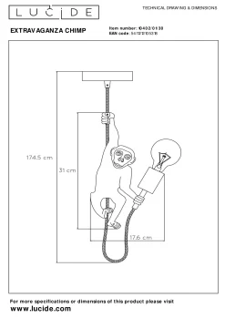 EXTRAVAGANZA CHIMP - Hanglamp - Ø 17,6 cm - 1xE27 - Zwart*Lucide Shop