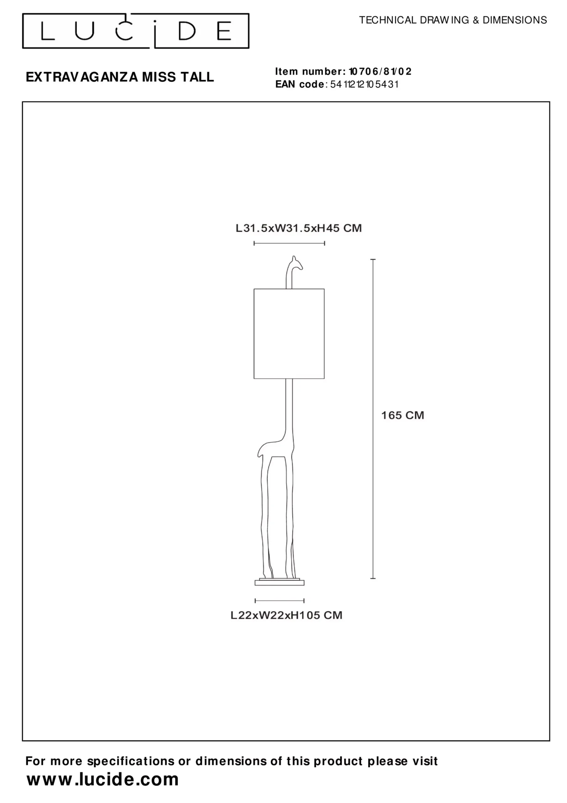 EXTRAVAGANZA MISS TALL - Vloerlamp - Ø 31,5 cm - 1xE27 - Mat Goud / Messing*Lucide Hot