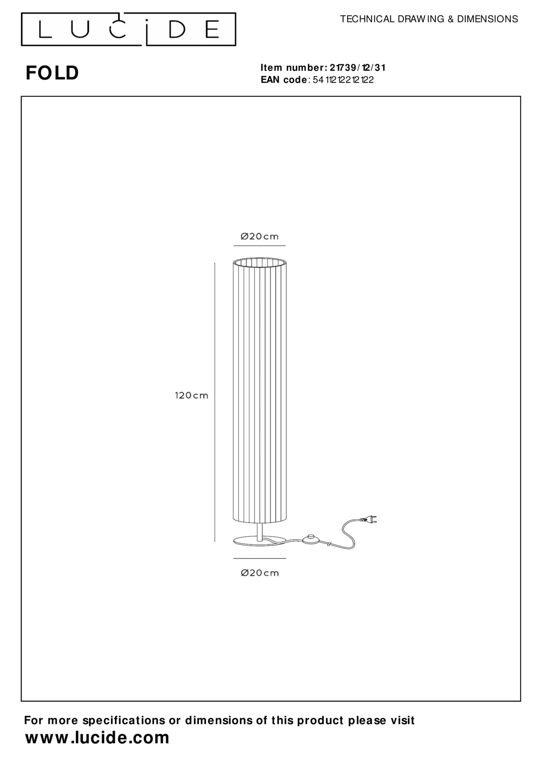 FOLD - Vloerlamp - Ø 20 cm - 2xE27 - Wit*Lucide Discount