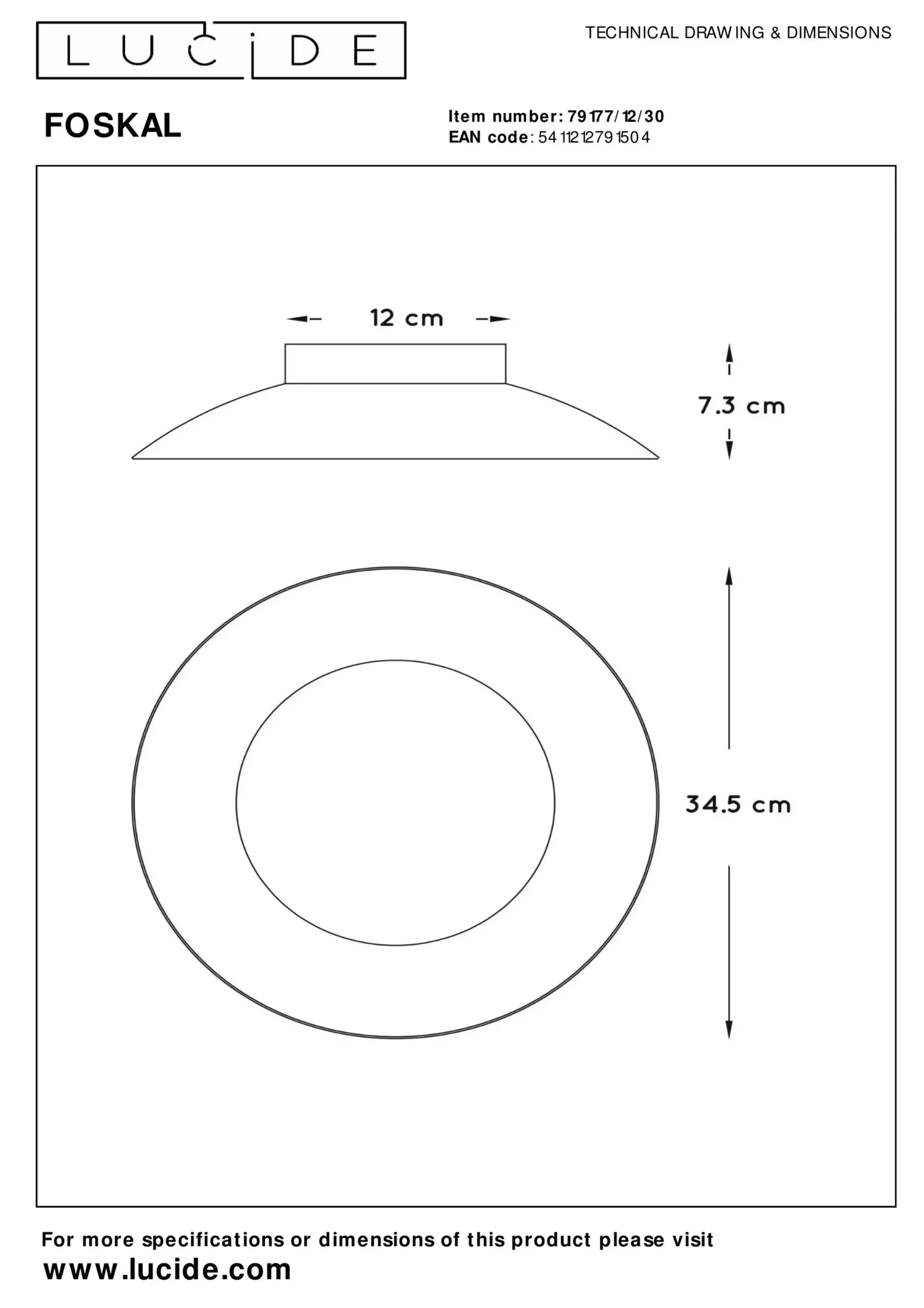 FOSKAL - Plafonnière - Ø 34,5 cm - LED - 1x12W 2700K - Zwart*Lucide Outlet
