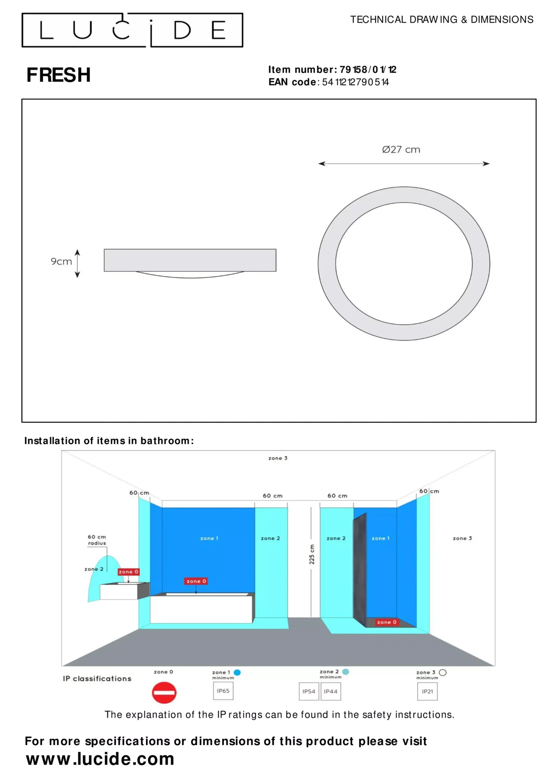 FRESH - Plafonnière Badkamer - Ø 27 cm - 1xE27 - IP44 - Mat chroom*Lucide Outlet