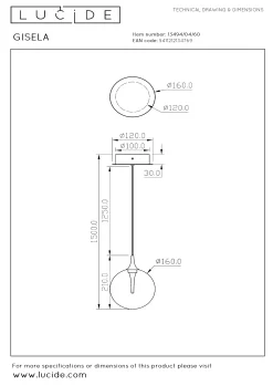 GISELA - Hanglamp - Ø 16 cm - LED - 1x5W 2700K - Transparant*Lucide Sale