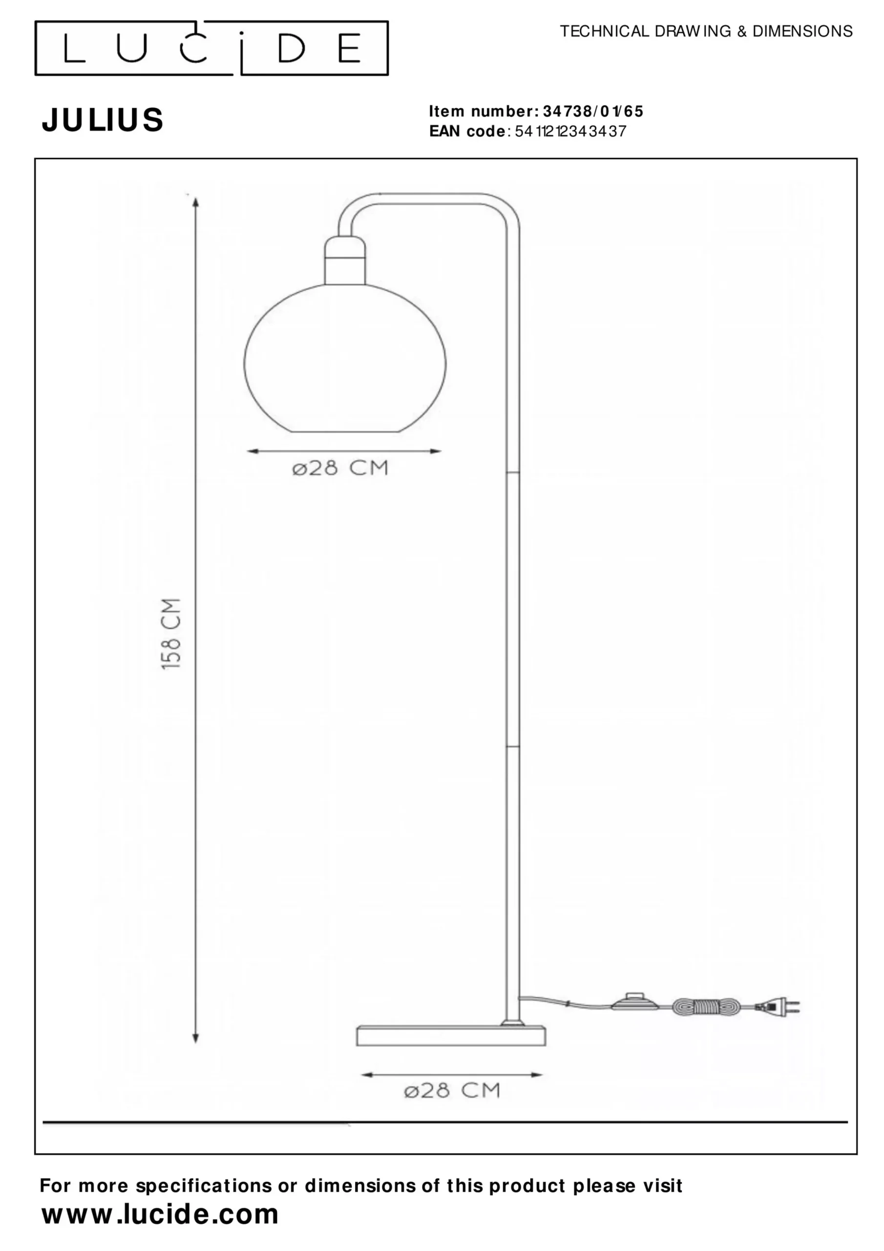 JULIUS - Vloerlamp - Ø 28 cm - 1xE27 - Fumé*Lucide New