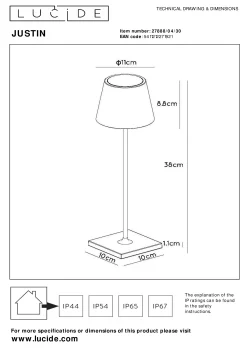 JUSTIN - Oplaadbare Tafellamp Binnen/Buiten - Accu/Batterij - Ø 11 cm - LED Dimb. - CCT - 1x2,2W 2700K/3000K - IP54 - Zwart*Lucide Online