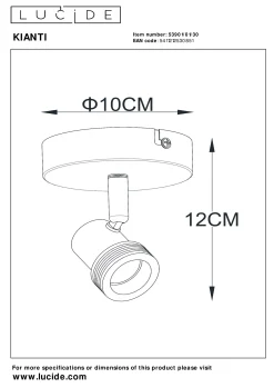 KIANTI - Wandspot / Wandlamp - Ø 10 cm - 1xGU10 - Zwart*Lucide Store