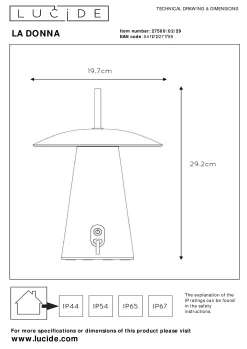 LA DONNA - Oplaadbare Tafellamp Binnen/Buiten - Accu/Batterij - Ø 19,7 cm - LED 3 StepDim - 1x2W 2700K - IP54 - Antraciet*Lucide New