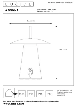 LA DONNA - Oplaadbare Tafellamp Binnen/Buiten - Accu/Batterij - Ø 19,7 cm - LED 3 StepDim - 1x2W 2700K - IP54 - Wit*Lucide Clearance