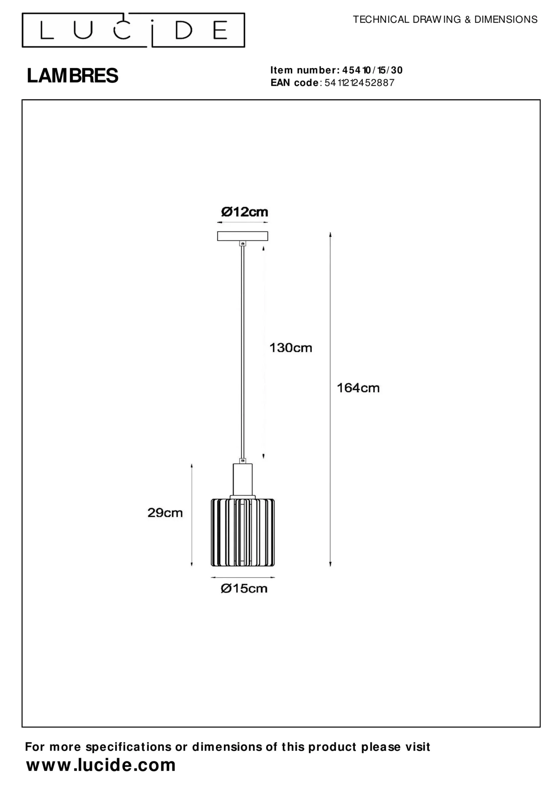 LAMBRES - Hanglamp - Ø 15 cm - 1xE27 - Zwart*Lucide Fashion