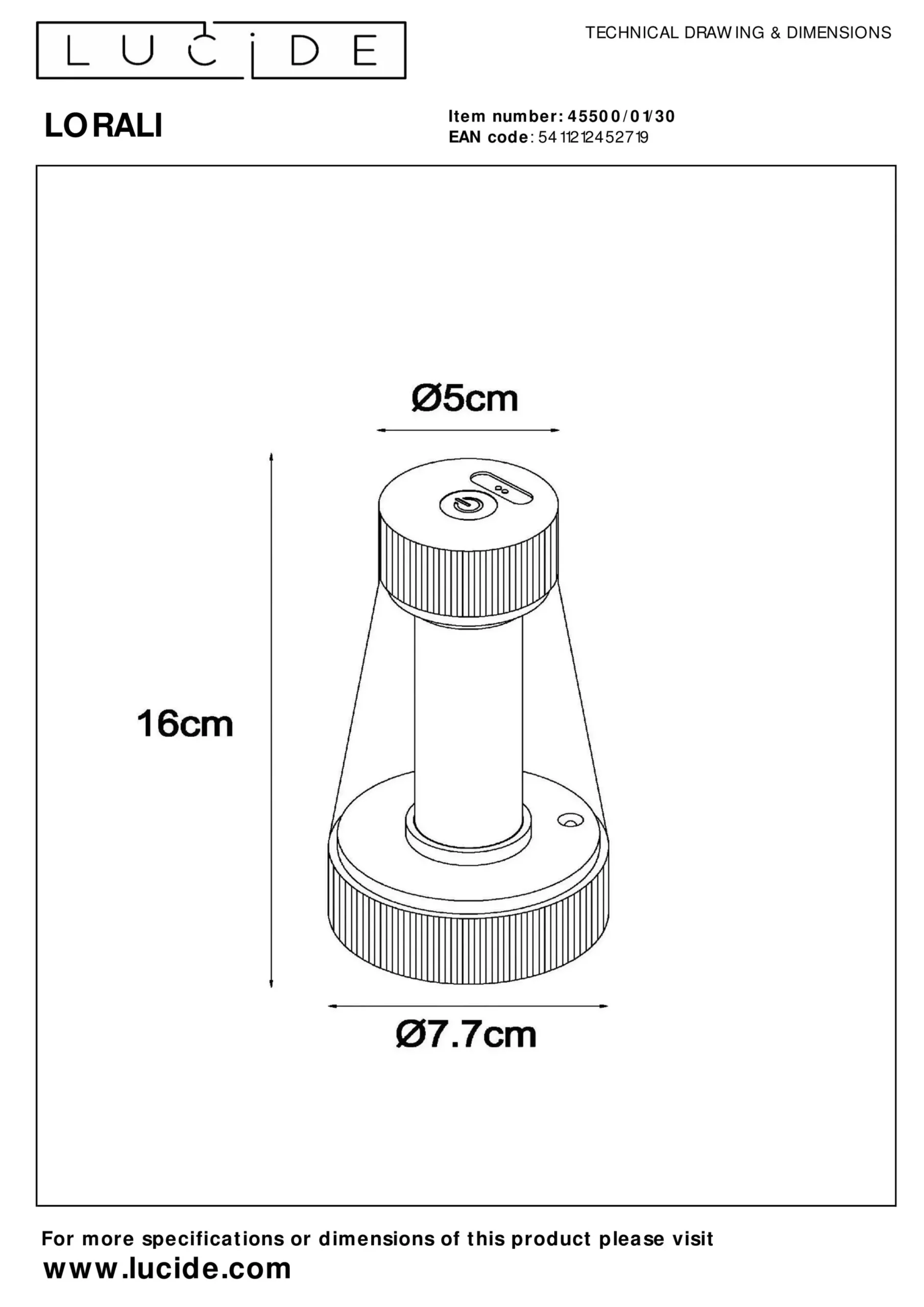 LORALI - Oplaadbare Tafellamp Binnen/Buiten - Accu/Batterij - Ø 7,7 cm - LED Dimb. - IP44 - Zwart*Lucide Store