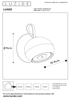 LUNEX - Oplaadbare Wandlamp Binnen/Buiten - Accu/Batterij - LED Dimb. - 1x2W 3000K - IP54 - Magnetisch - Zwart*Lucide Online