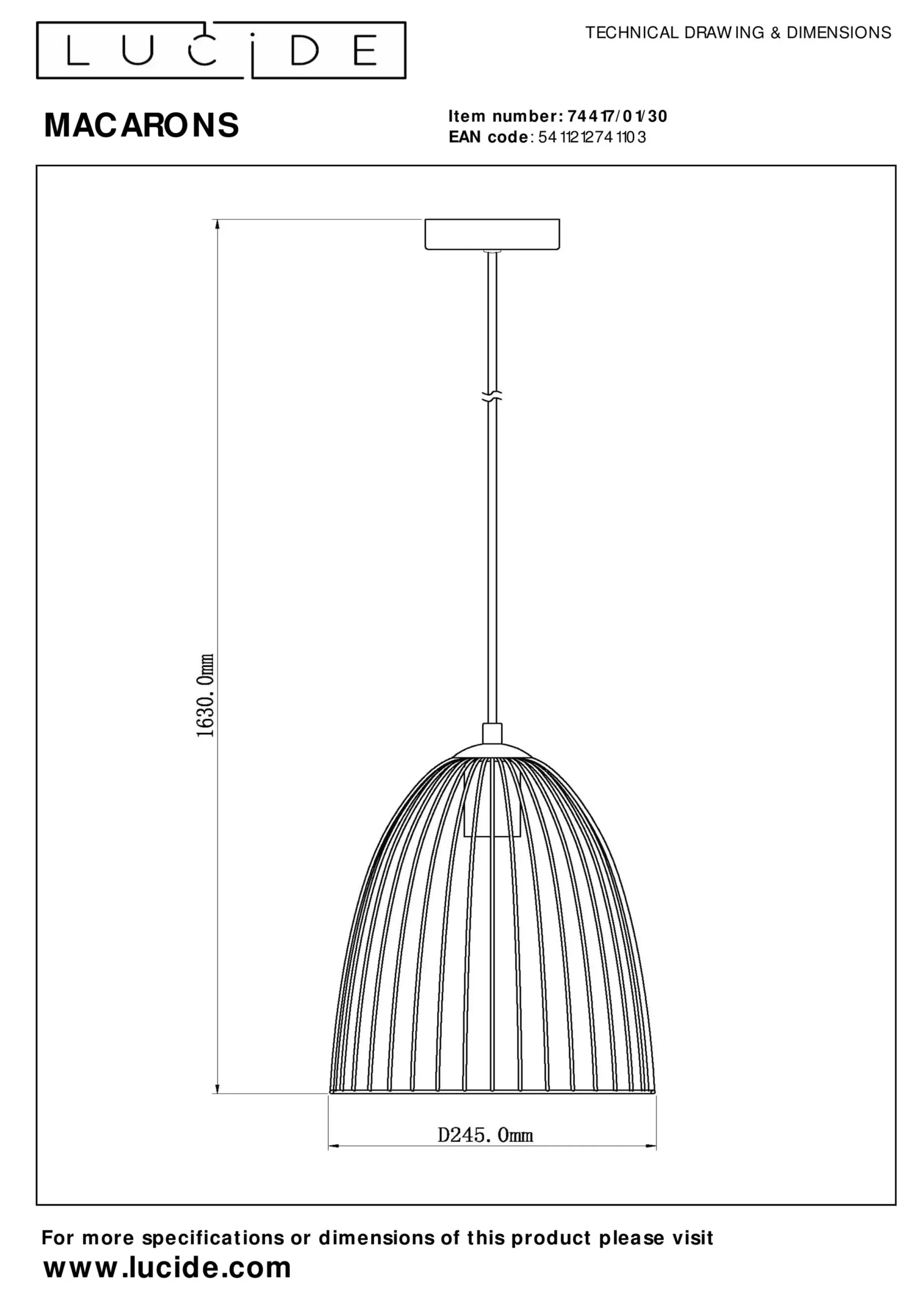 MACARONS - Hanglamp - Ø 24,5 cm - 1xE27 - Zwart*Lucide Hot