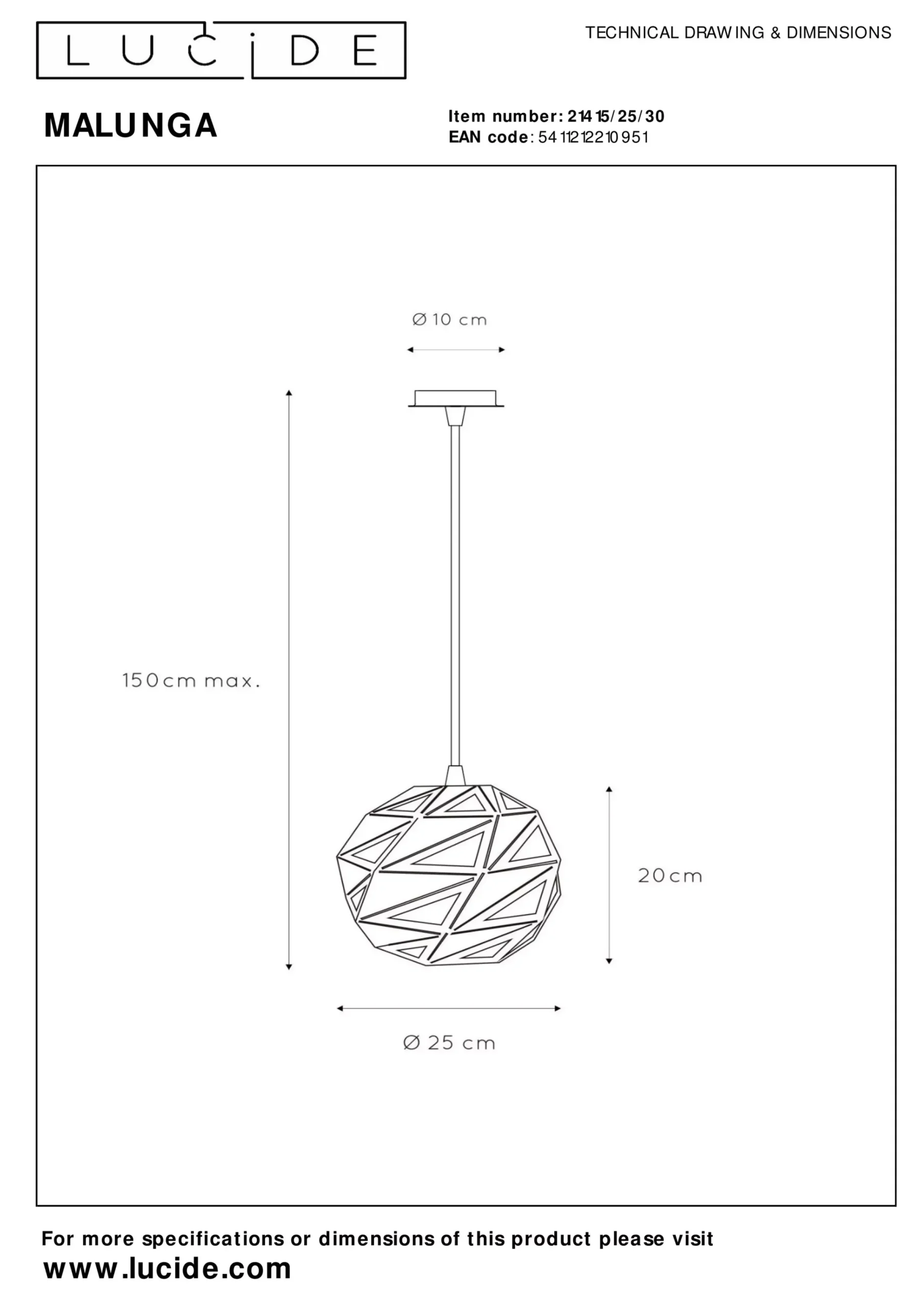 MALUNGA - Hanglamp - Ø 25 cm - 1xE27 - Zwart*Lucide Clearance