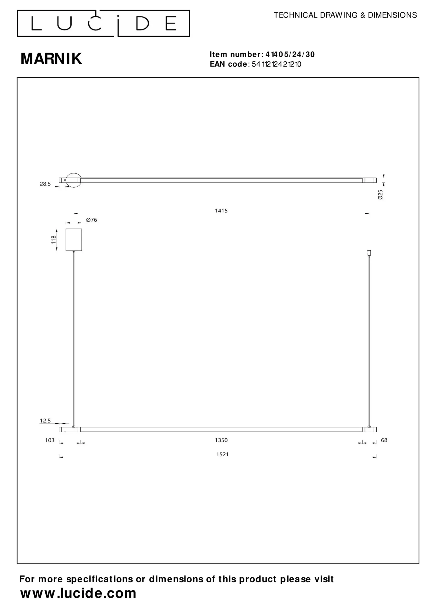 MARNIK - Hanglamp - Ø 2,5 cm - LED Dimb. - CCT - 1x22W 2700K/4000K - Zwart*Lucide Sale