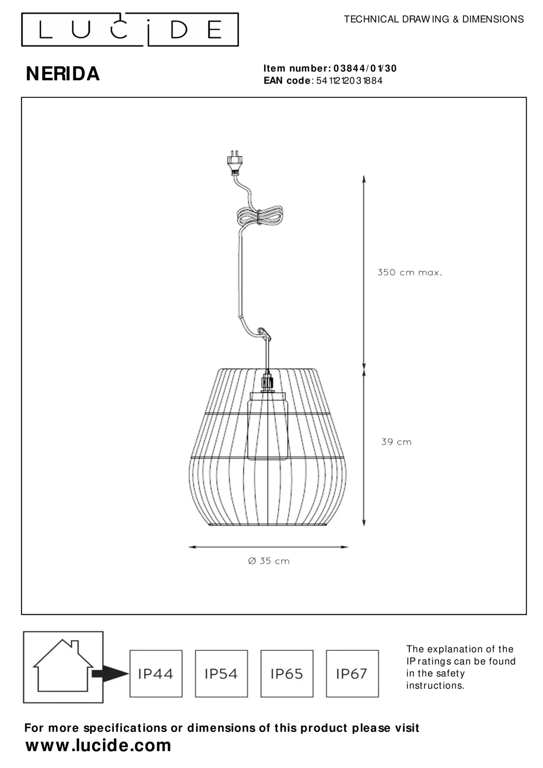 NERIDA - Hanglamp Binnen/Buiten - Ø 35 cm - 1xE27 - IP44 - Zwart*Lucide Hot