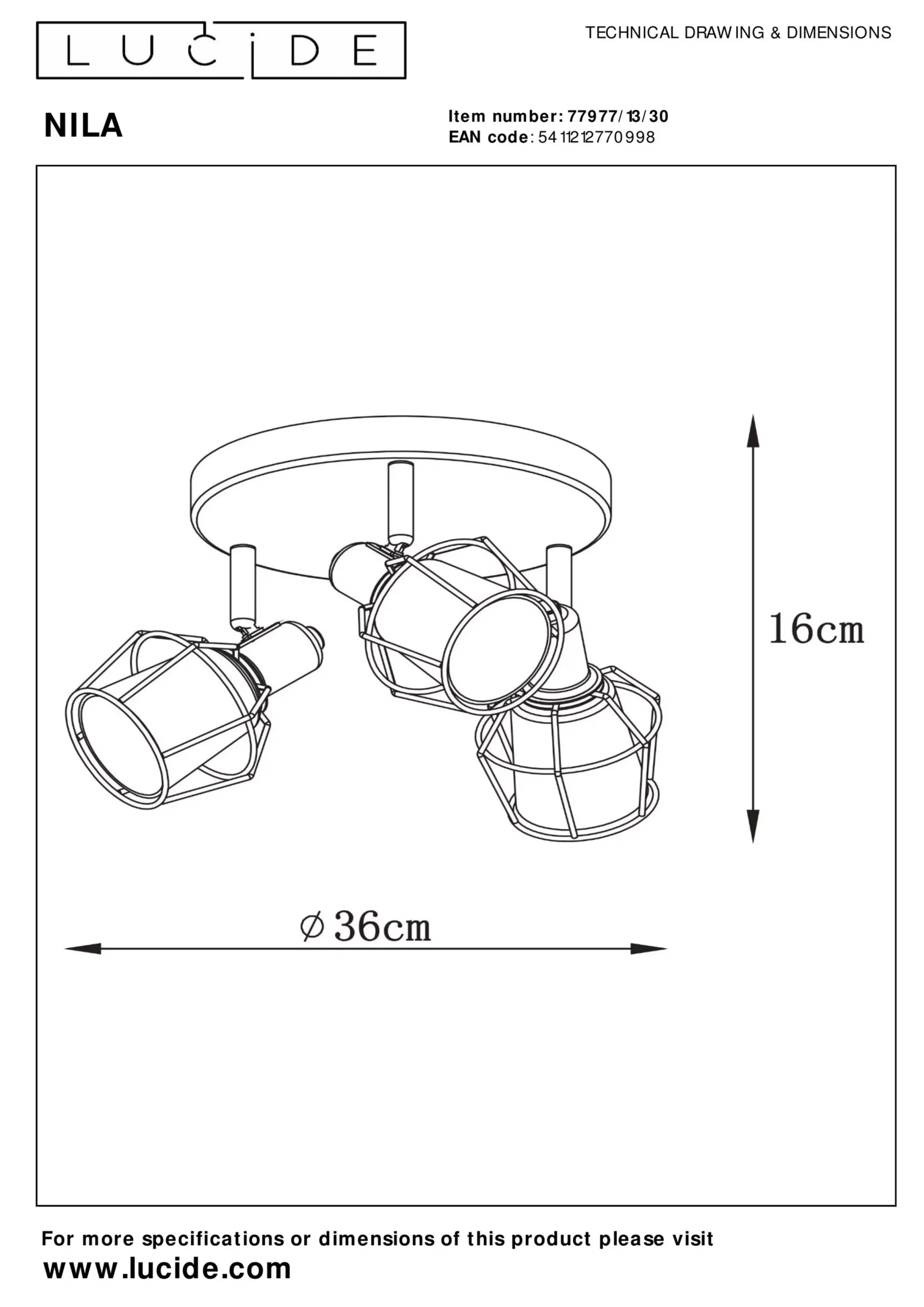 NILA - Plafondspot - Ø 36 cm - 3xE14 - Zwart*Lucide Cheap