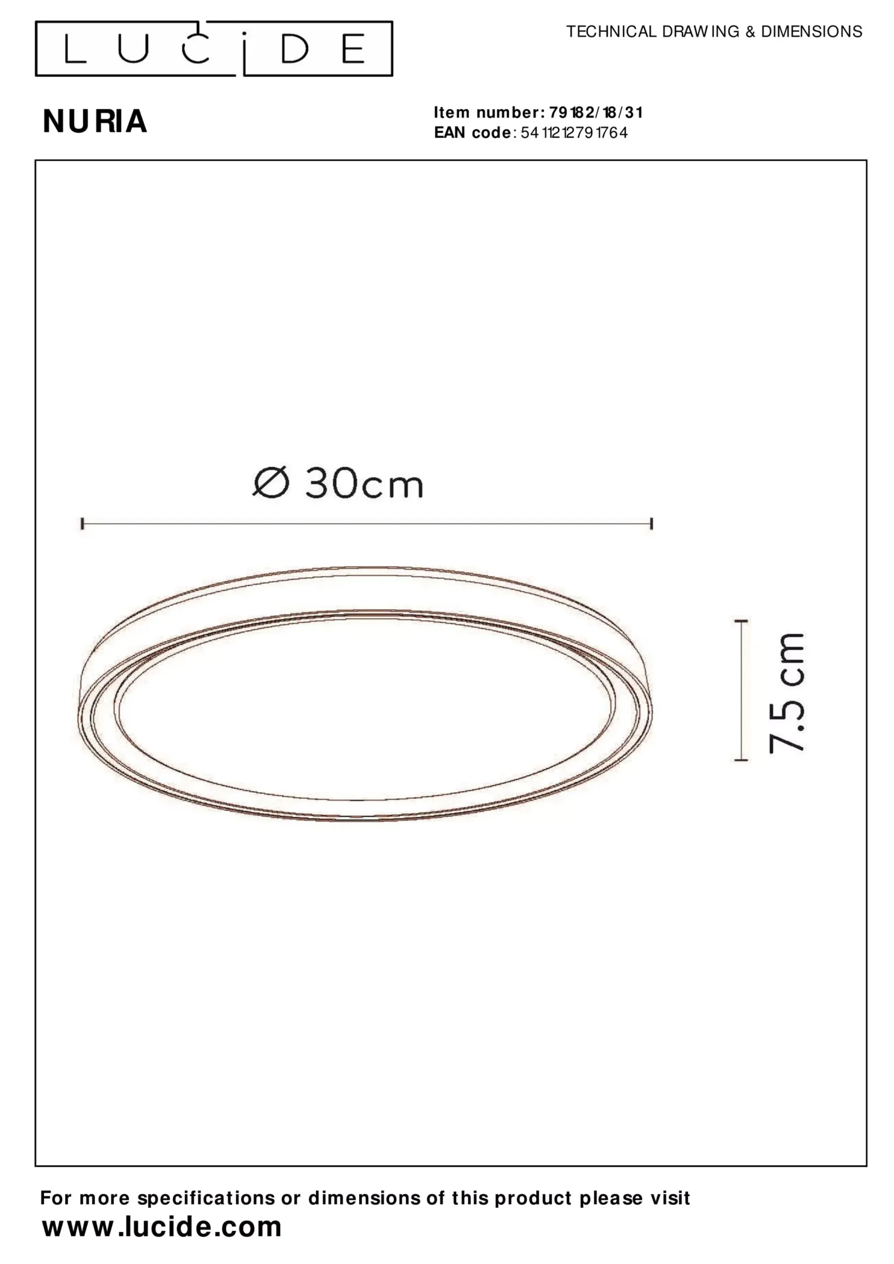 NURIA - Plafonnière - Ø 30 cm - LED 3 StepDim - 1x18W 2700K - Wit*Lucide Hot