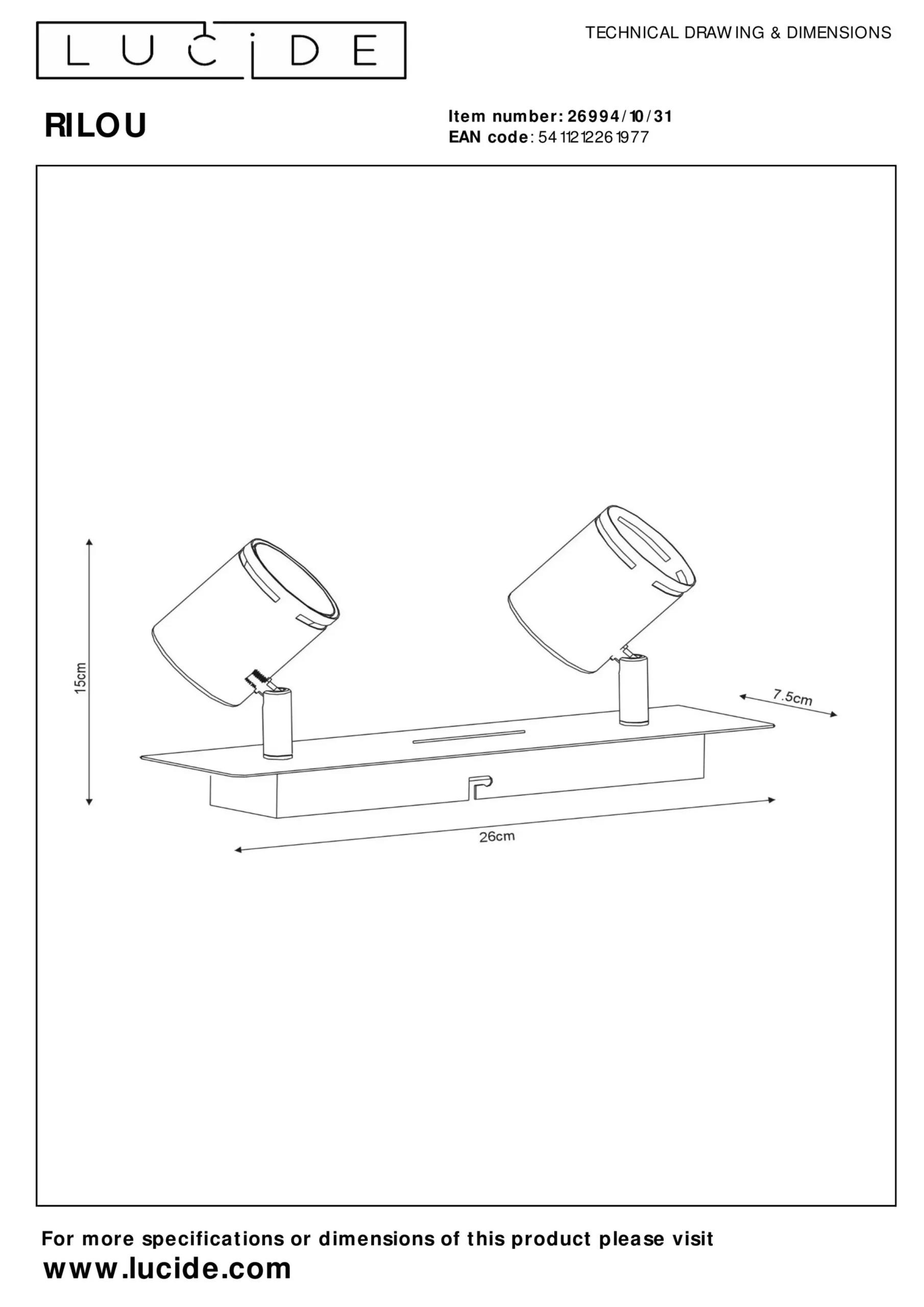 RILOU - Plafondspot - LED Dimb. - GU10 - 2x5W 3000K - Wit*Lucide Discount