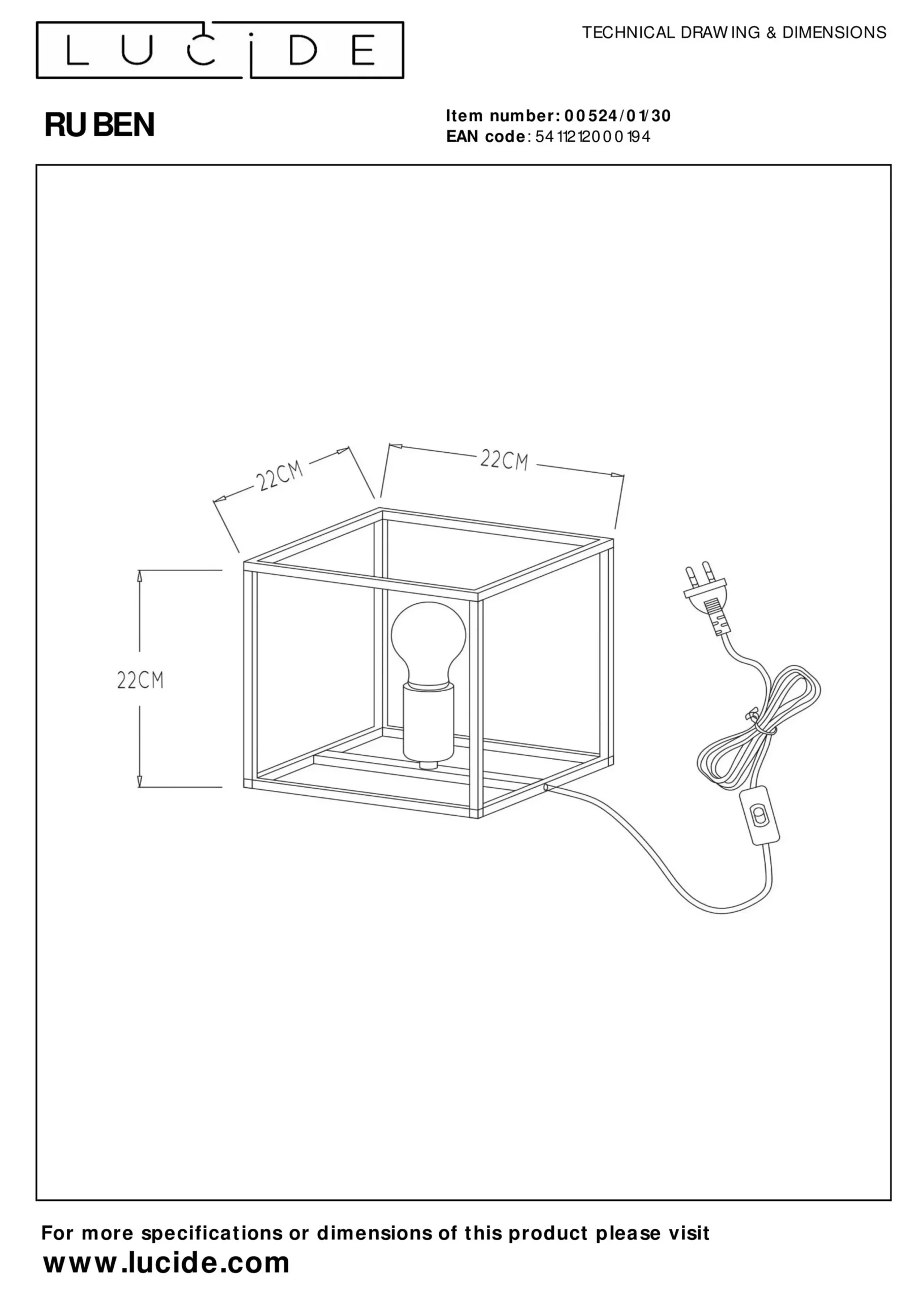 RUBEN - Tafellamp - 1xE27 - Zwart*Lucide Store