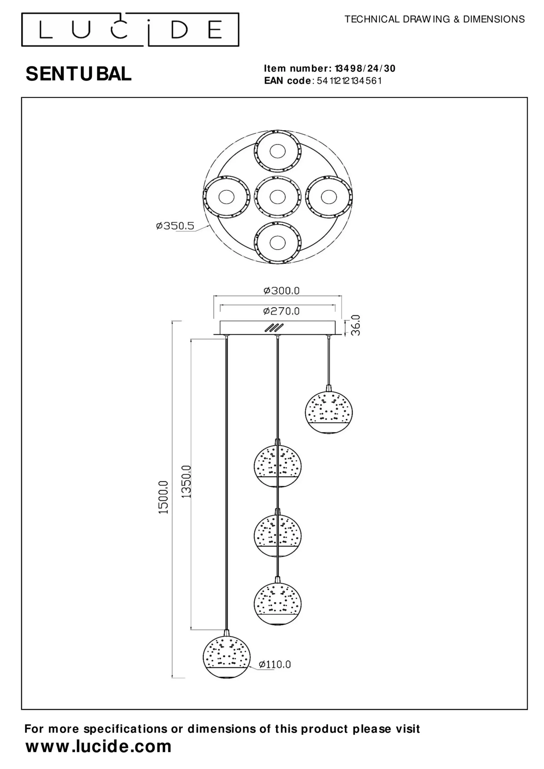 SENTUBAL - Hanglamp - Ø 35 cm - LED Dimb. - 5x5,2W 2700K - Zwart*Lucide Online