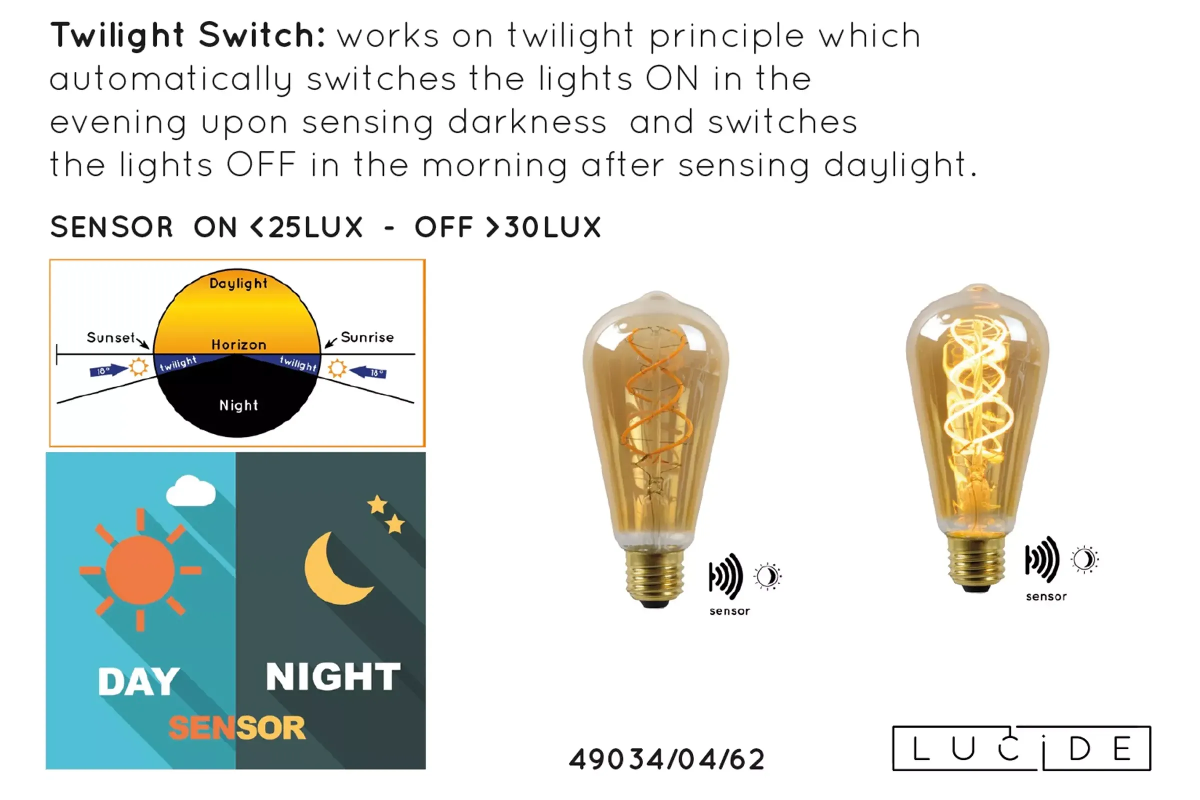 ST64 TWILIGHT SENSOR - Filament lamp - Ø 6,4 cm - LED - E27 - 1x4W 2200K - Dag/nacht sensor - Amber*Lucide Shop
