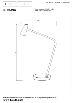 STIRLING - Oplaadbare Tafellamp - Accu/Batterij - LED 3 StepDim - 1x3W 2700K - Zwart*Lucide Best