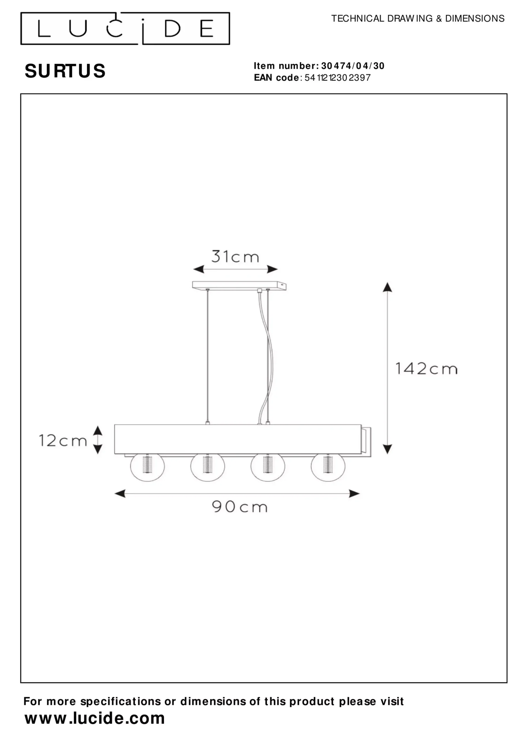 SURTUS - Hanglamp - 4xE27 - Zwart*Lucide Cheap